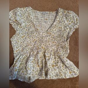 American Eagle Outfitters White and Yellow Floral Blouse
